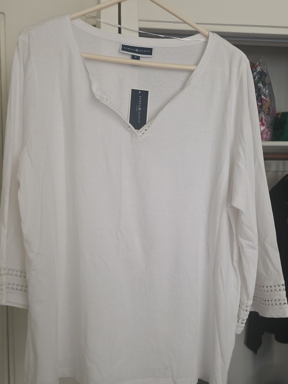 Karen Scott White Long-Sleeve V-Neck Top with Crochet Trim
